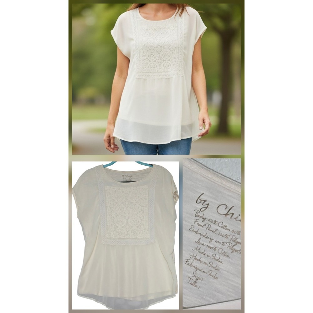 CHICO'S Ivory EMBROIDERED Laced Media BLOUSE SIZE Med 1 Flowy Dolman‎ Laganlook
